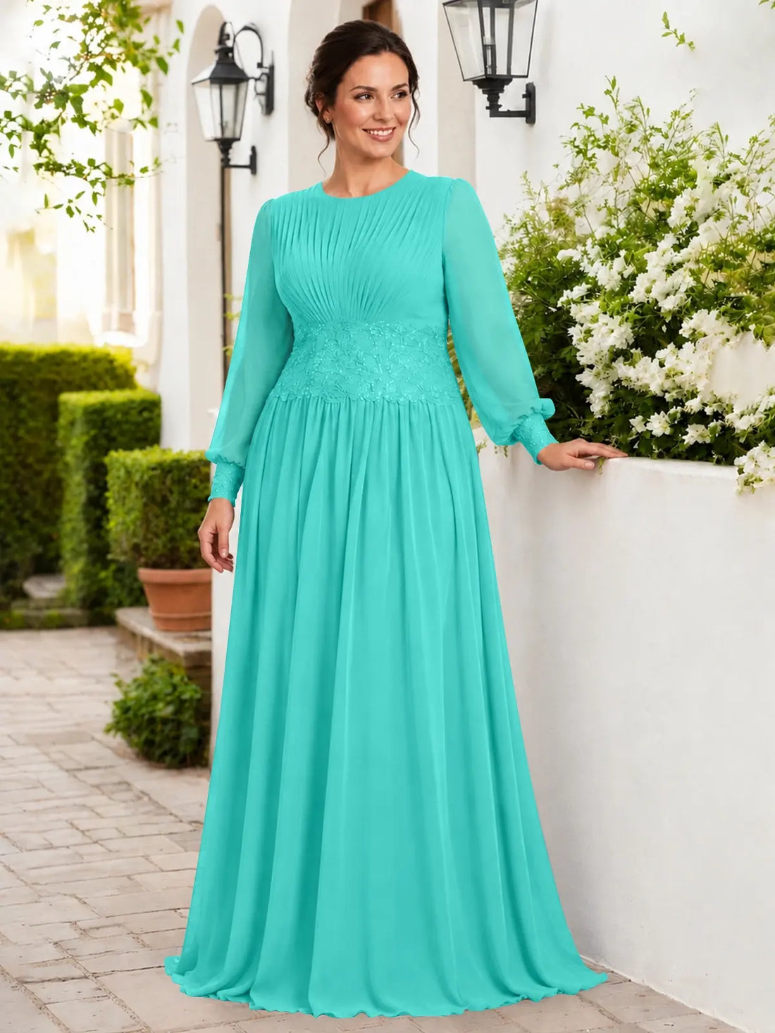 Chiffon Mother of the Bride Dress with Jewel Neckline-Plus Size 