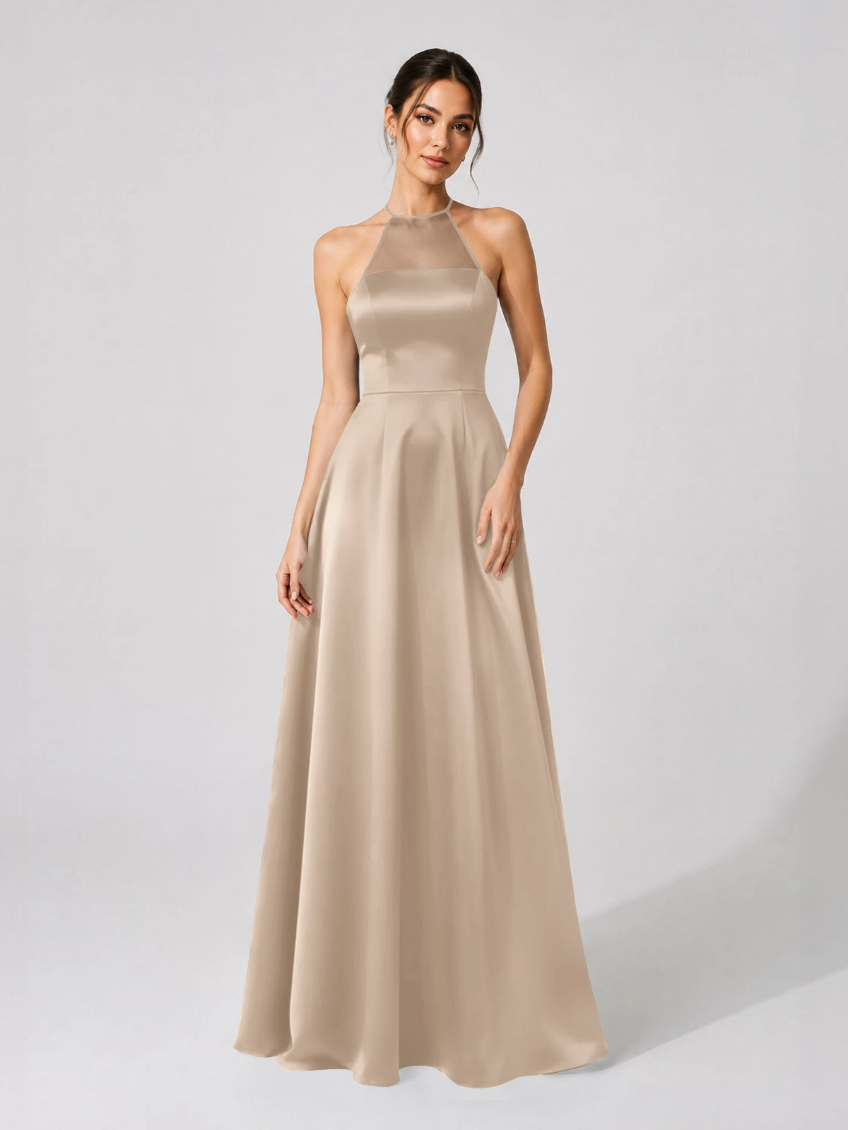 Satin Bridesmaid Dress with Illusion Halter Neck 