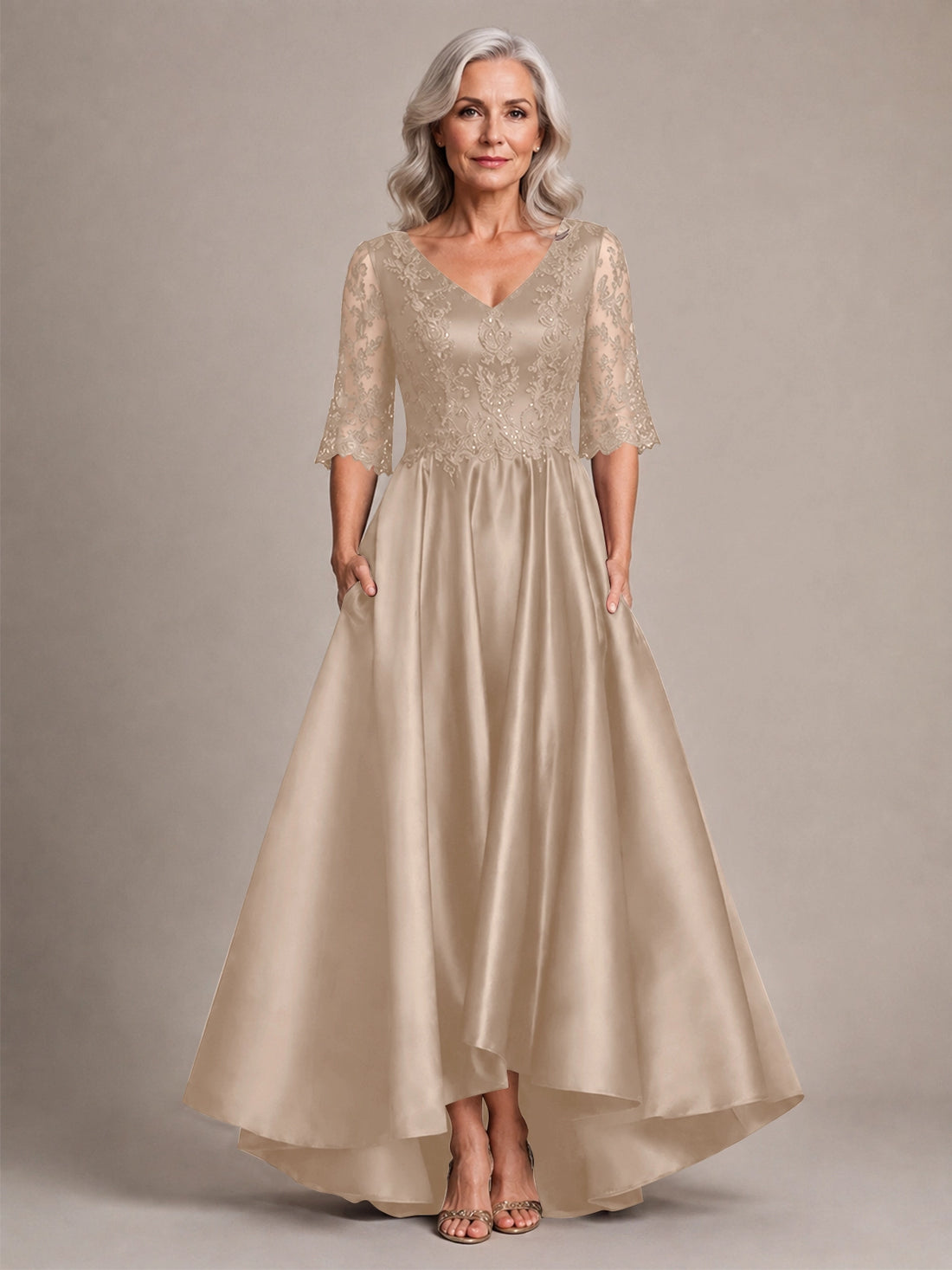 Satin Mother of the Bride Dress with Lace Sleeves 