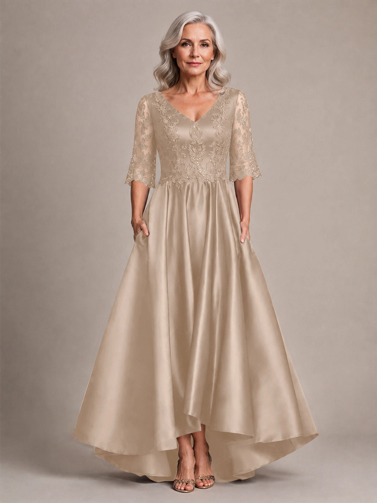 Satin Mother of the Bride Dress with Lace Sleeves 
