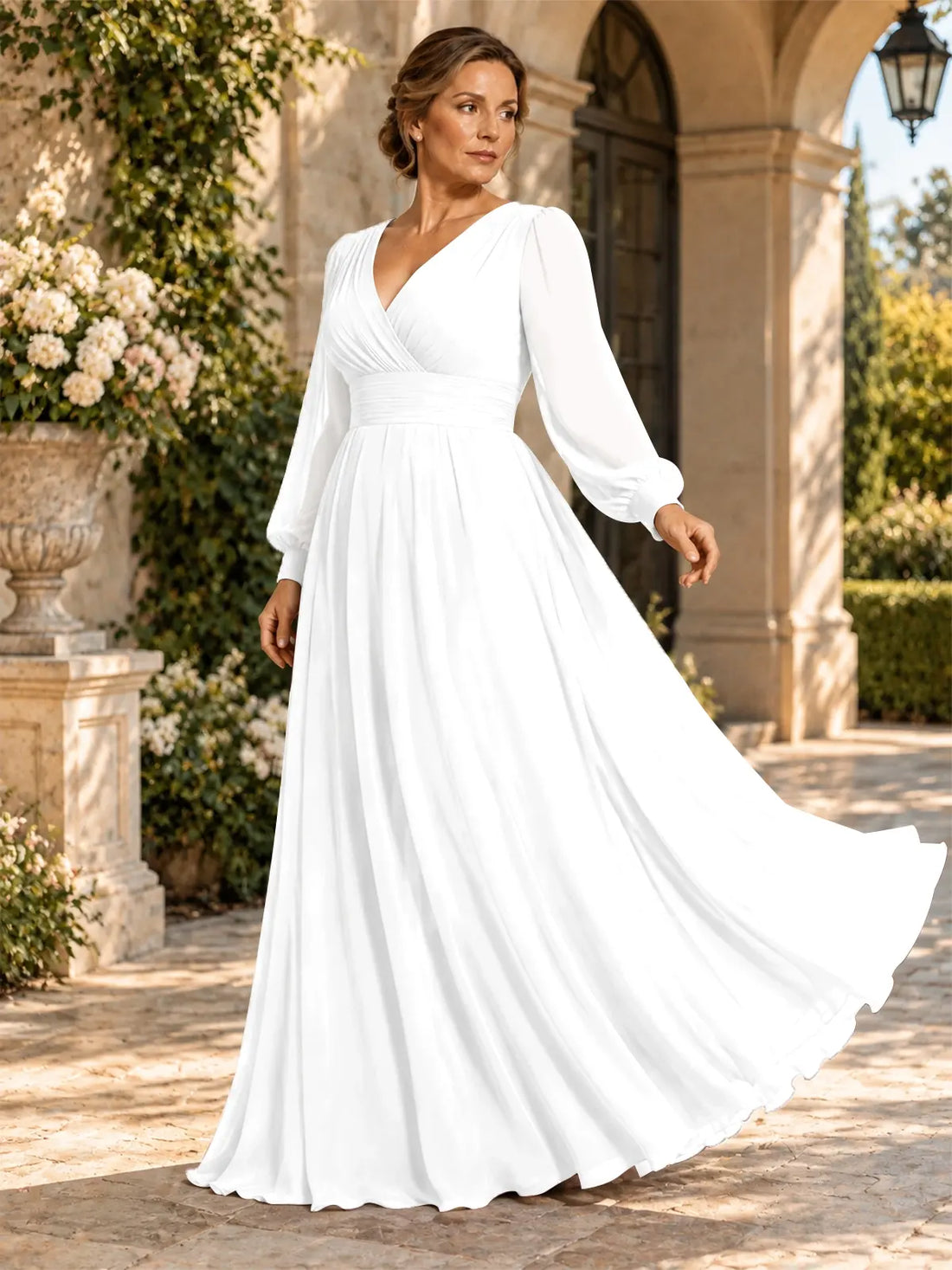 Chiffon Mother of the Bride Dress with Long Sleeves-Plus Size 
