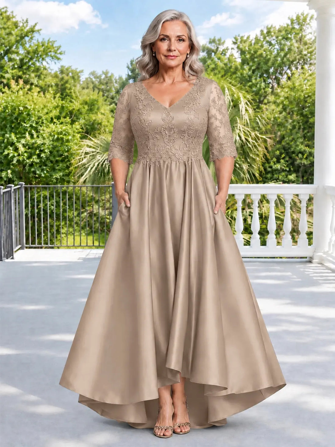Satin Mother of the Bride Dress with Lace Sleeves-Plus Size 