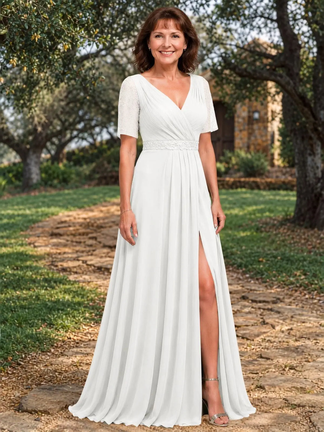 Surplice Neckline Mother of the Bride Dress with Slit 