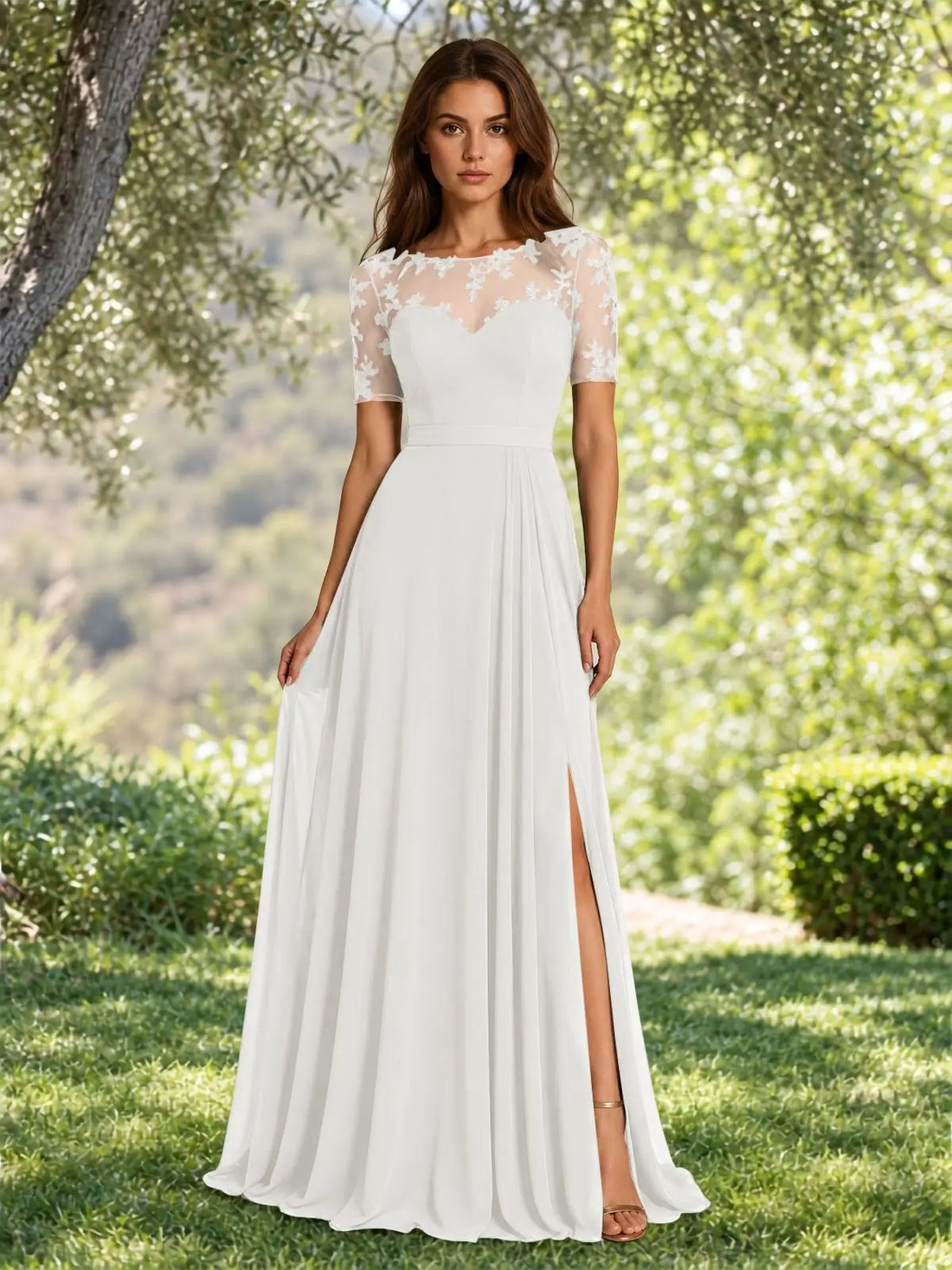 Lace Mother of the Bride Dress with Illusion Neckline 