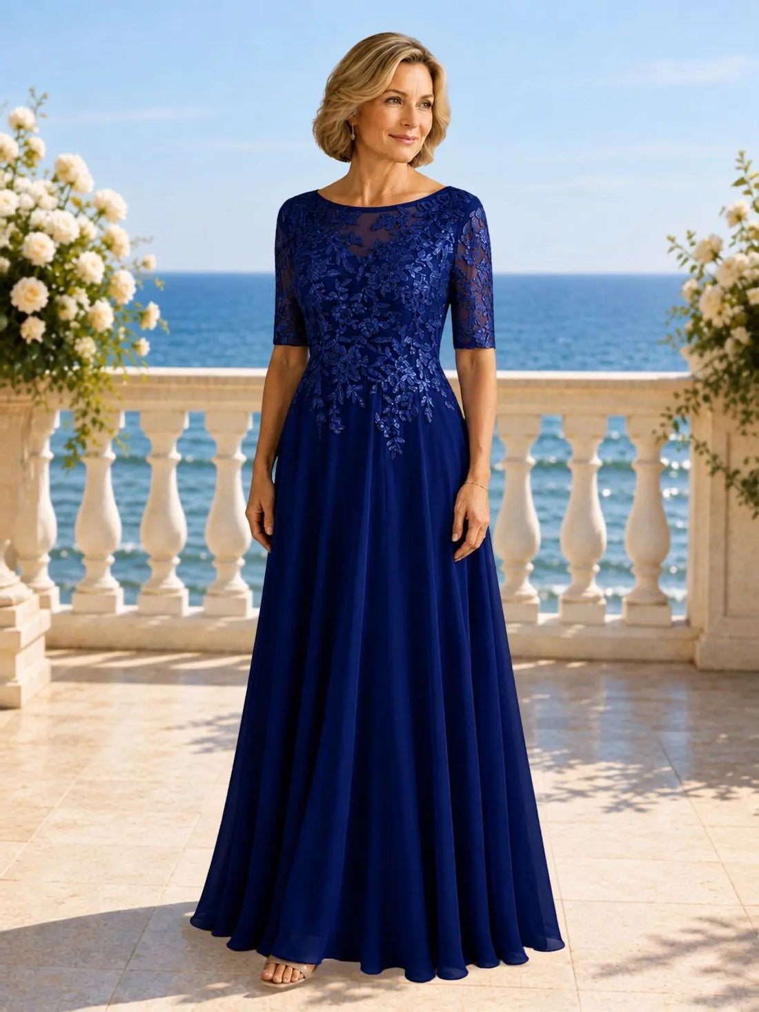 Applique Half Sleeves Chiffon Dress 