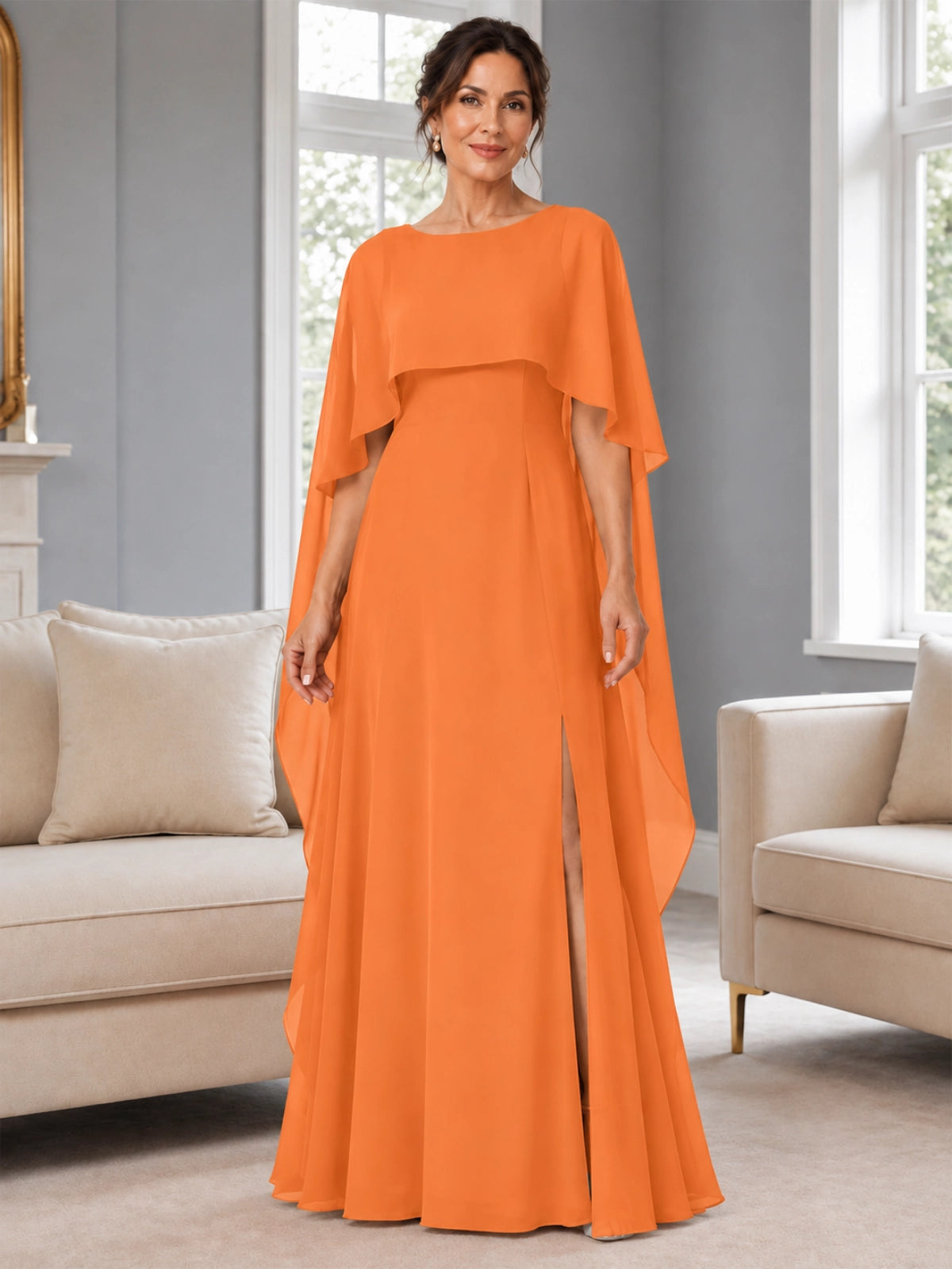 Chiffon Mother of the Bride Dress with Cape Overlay 