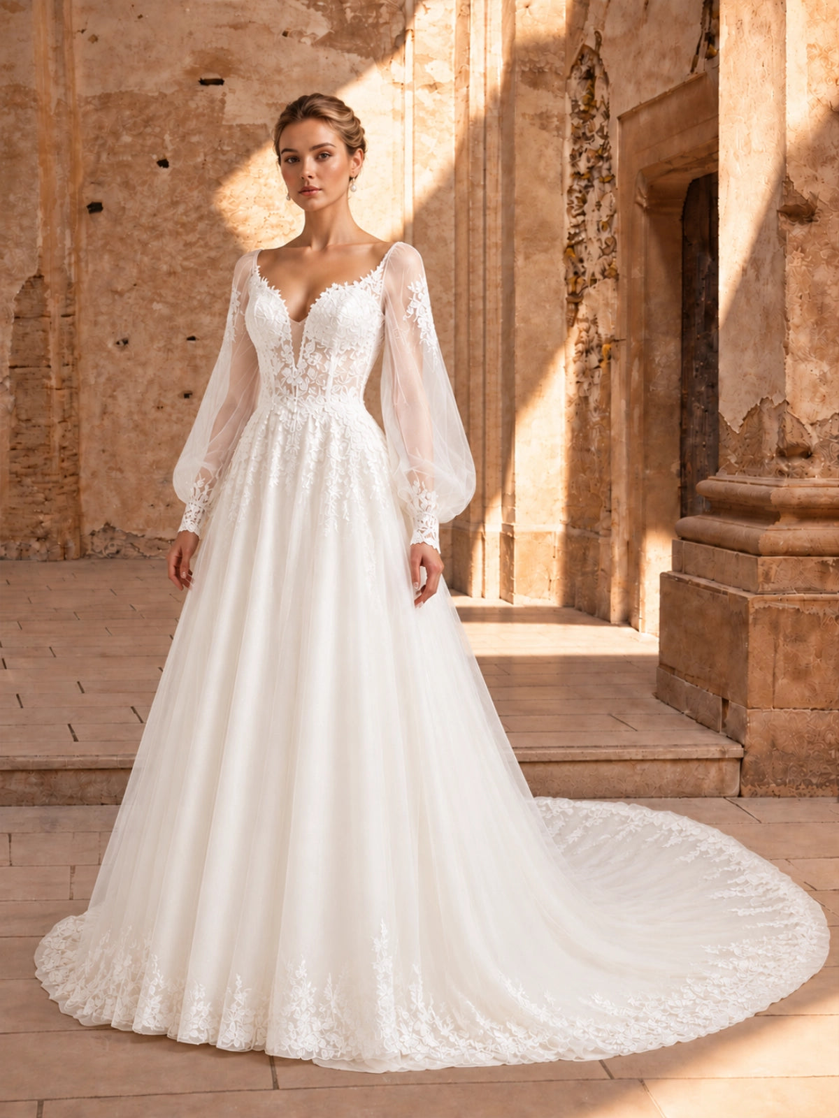 Tulle Wedding Dress with Lace-Trimmed Train 