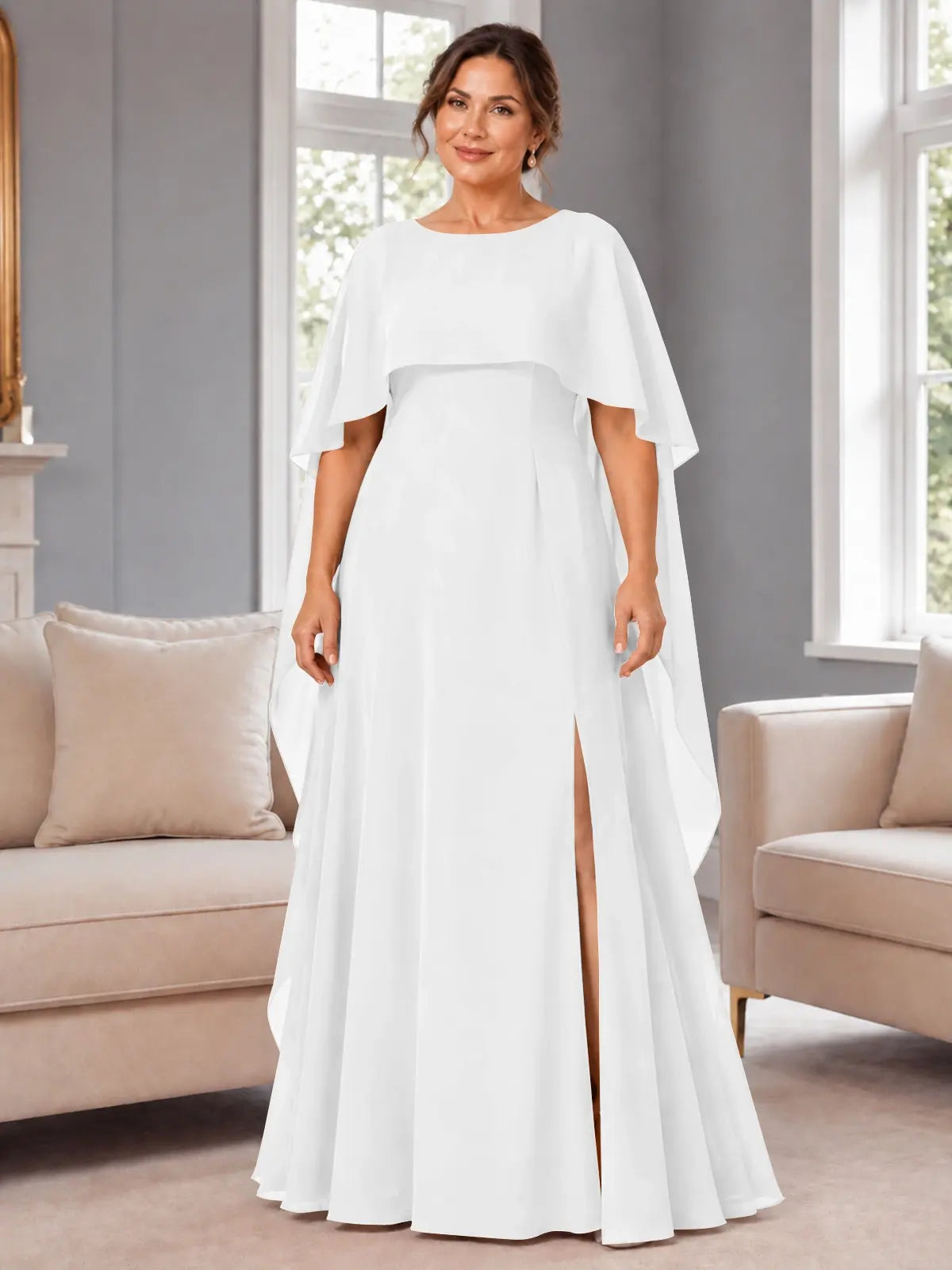 Chiffon Mother of the Bride Dress with Cape Overlay-Plus Size 