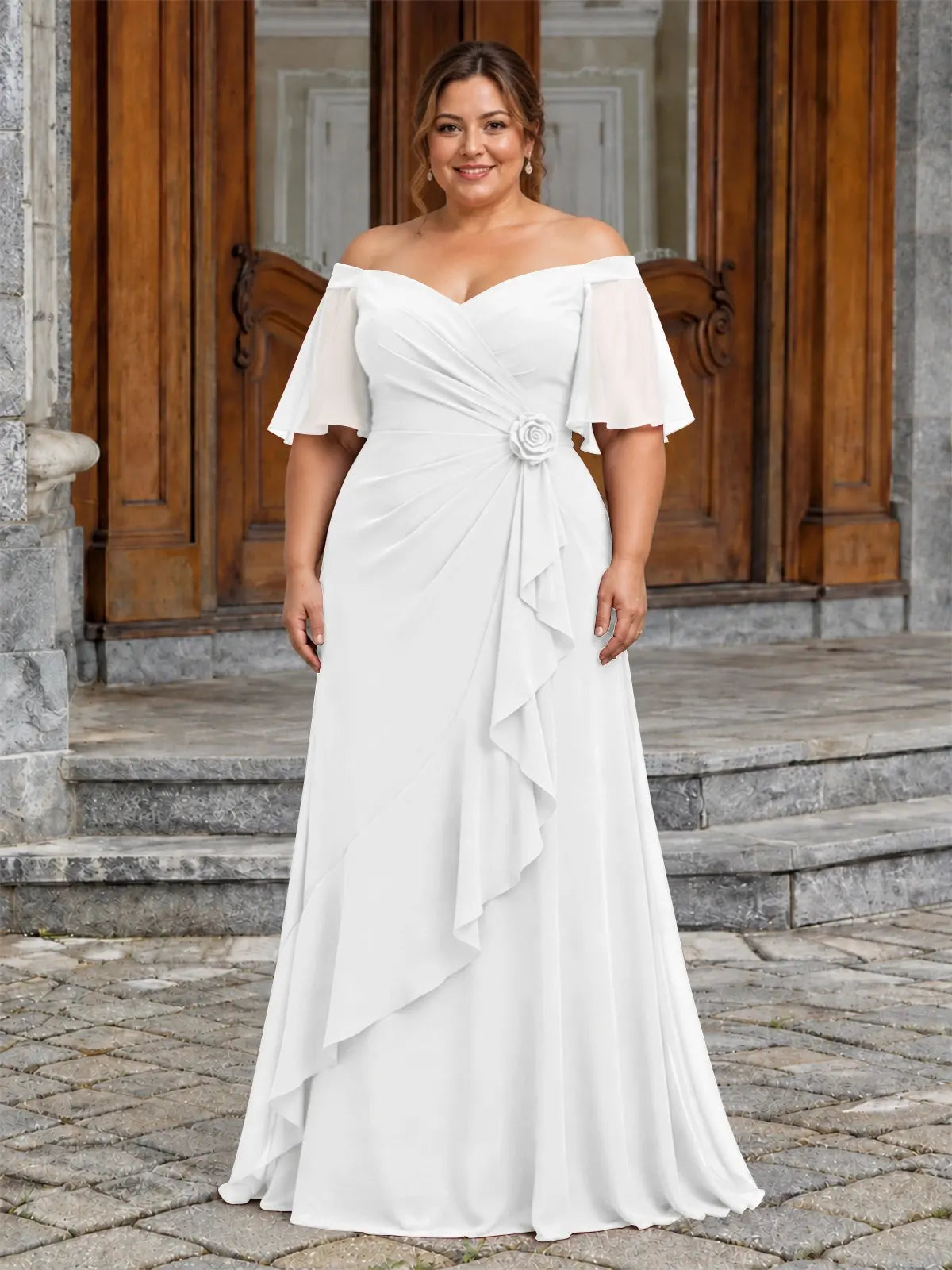Chiffon Mother of the Bride Dress with 3D Rosette-Plus Size 
