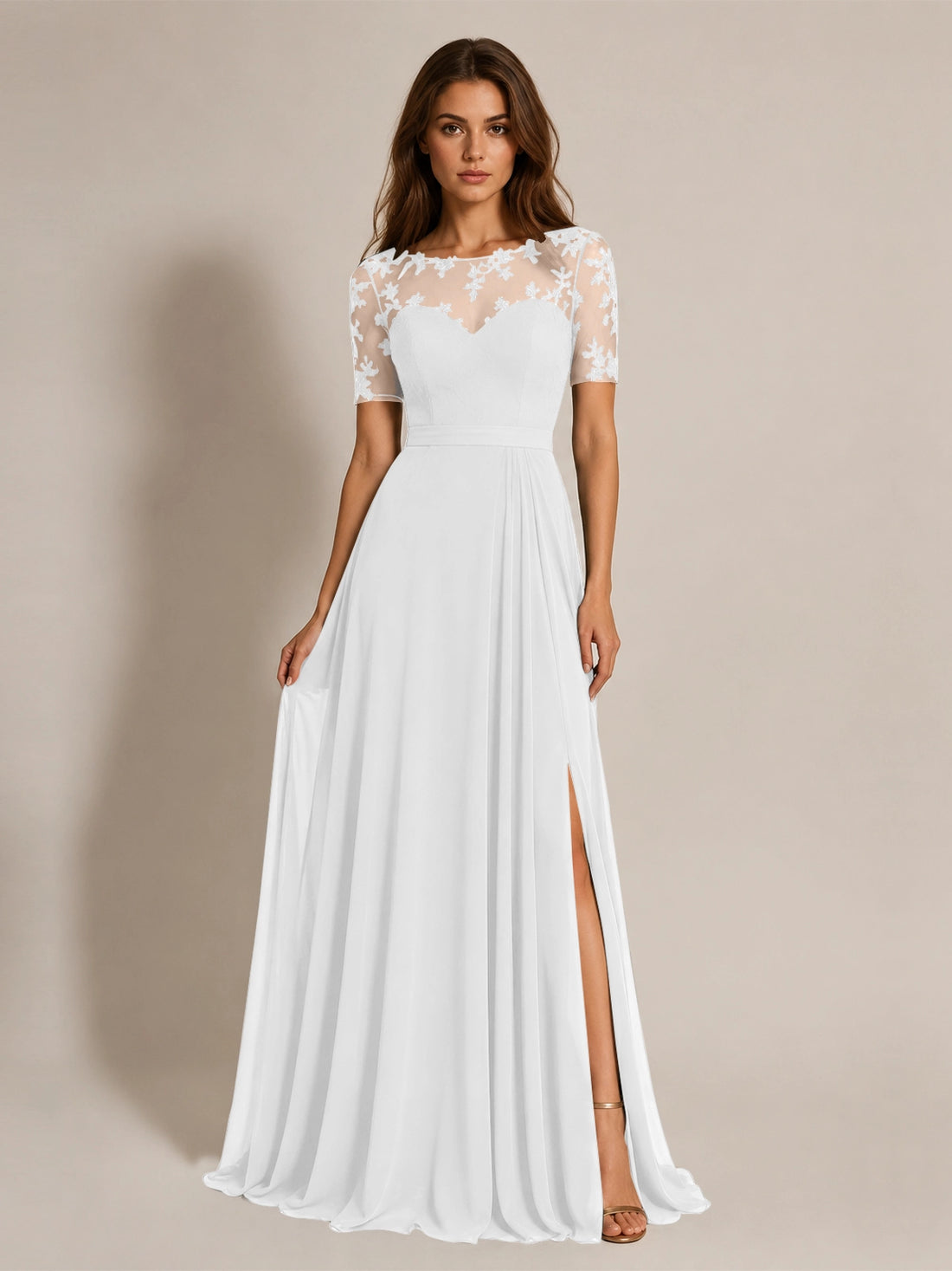 Lace Mother of the Bride Dress with Illusion Neckline 