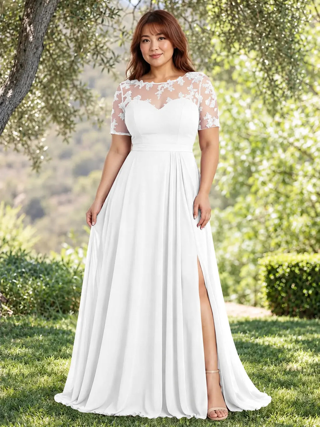 Lace Mother of the Bride Dress with Illusion Neckline-Plus Size 