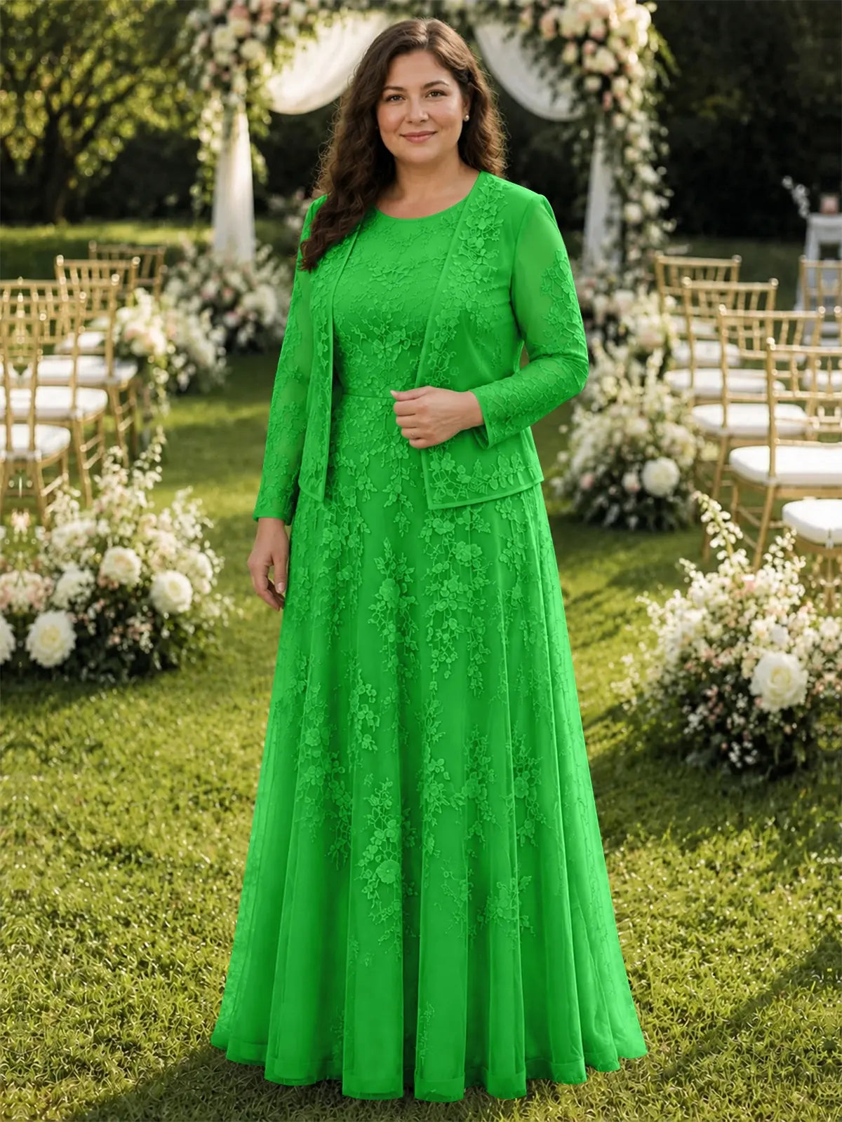Two-Piece Lace Mother of the Bride Dress with Long Sleeves-Plus Size 