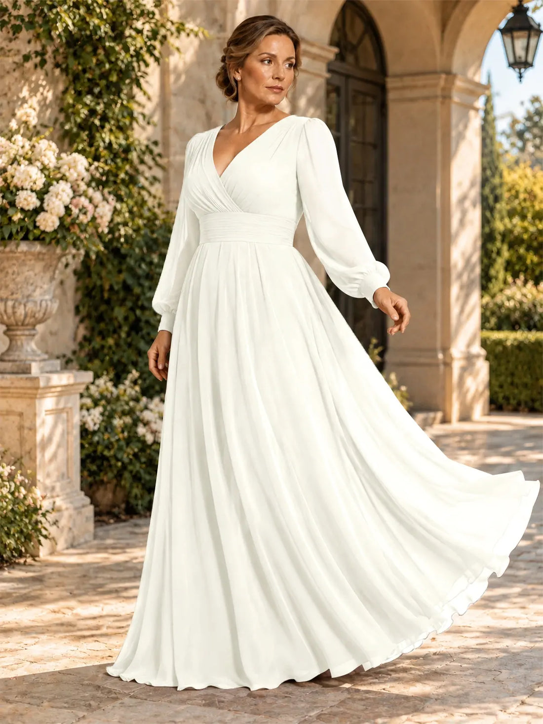 Chiffon Mother of the Bride Dress with Long Sleeves-Plus Size 