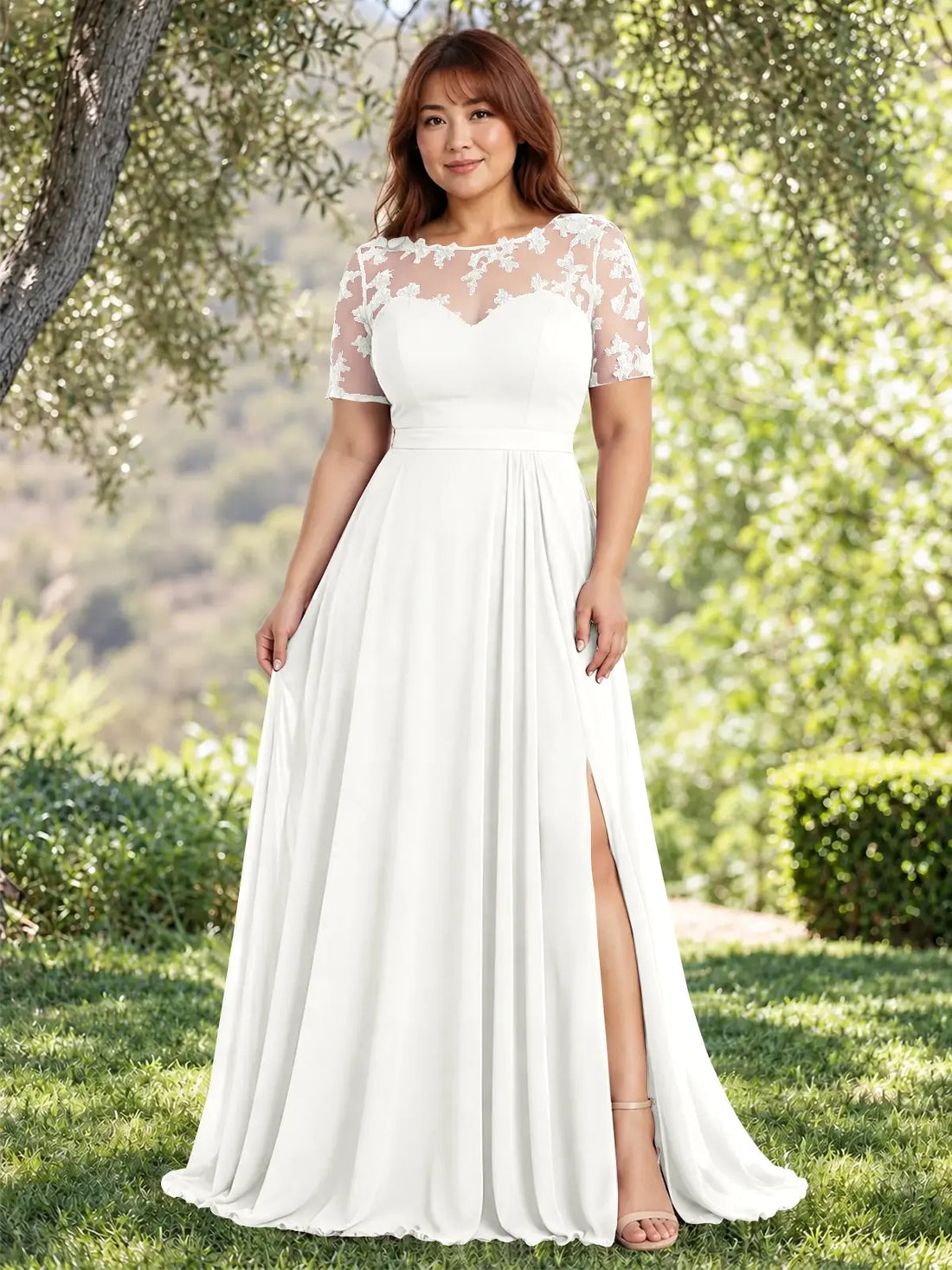 Lace Mother of the Bride Dress with Illusion Neckline-Plus Size 
