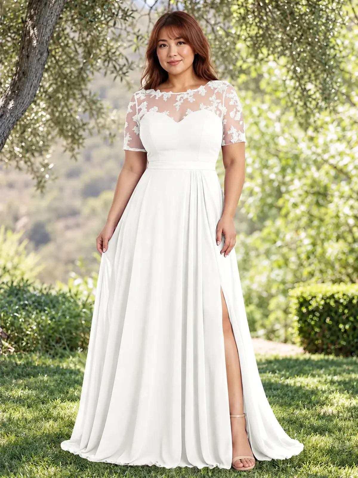 Lace Mother of the Bride Dress with Illusion Neckline-Plus Size 