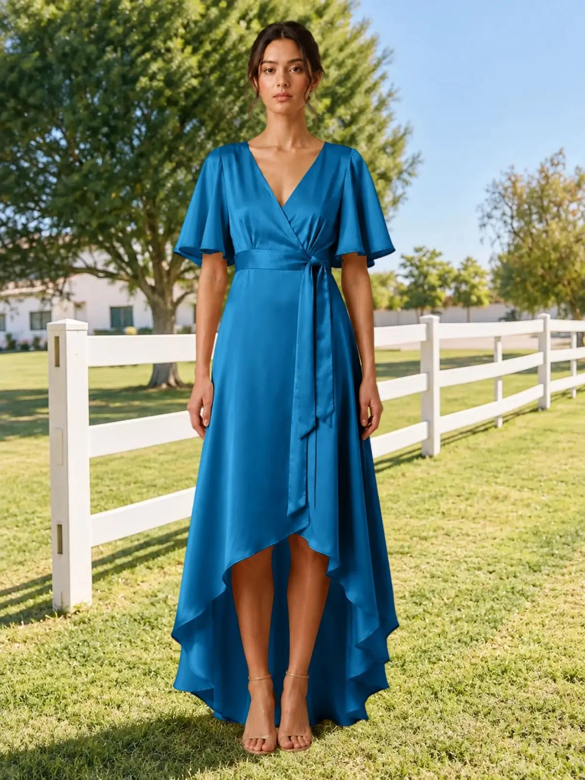 V-neck Bridesmaid Dress with Flutter Sleeves
