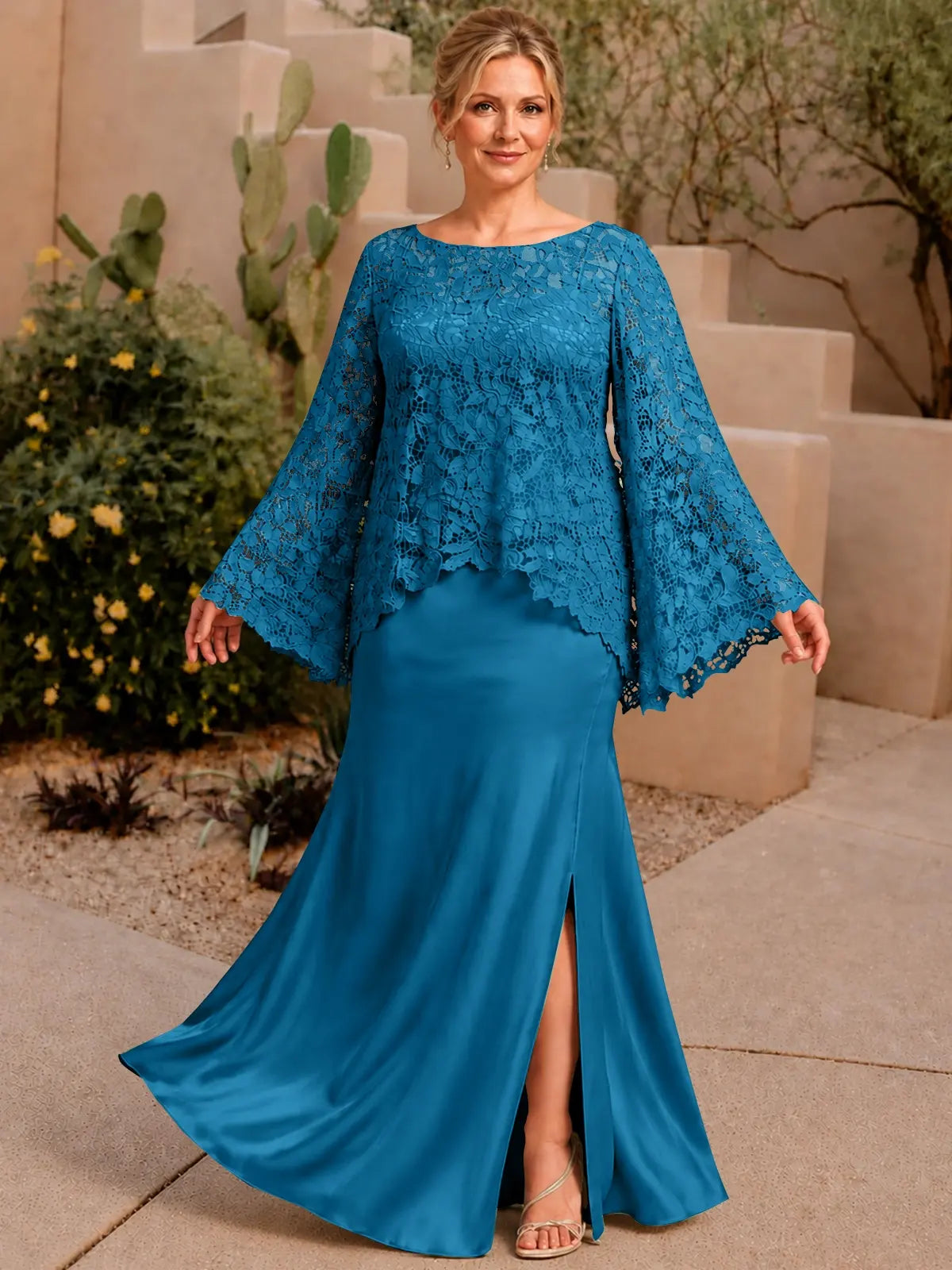 Two-piece Mother of the Bride Dress with Lace Top-Plus Size 