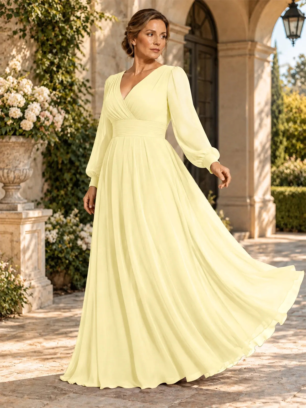 Chiffon Mother of the Bride Dress with Long Sleeves-Plus Size 