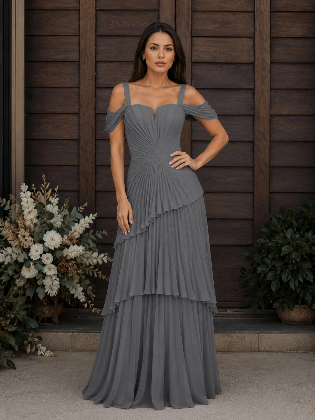 Chiffon Bridesmaid Dress with Cold-Shoulder 