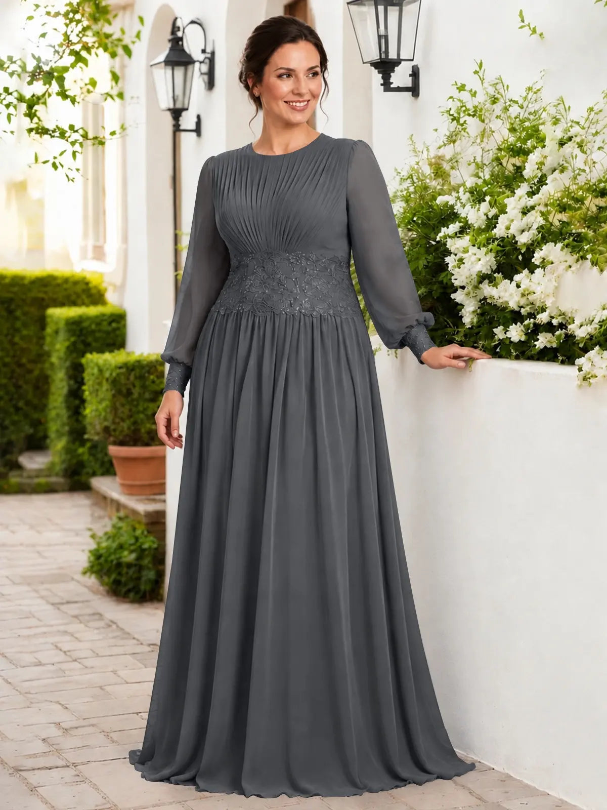 Chiffon Mother of the Bride Dress with Jewel Neckline-Plus Size 