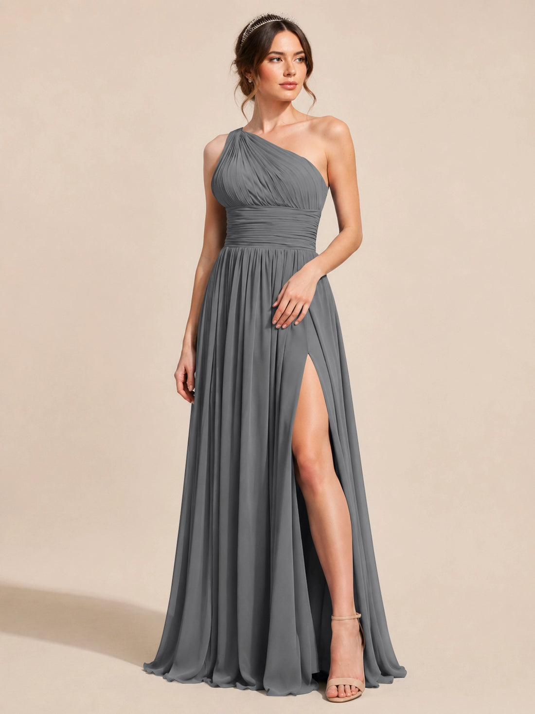 Chiffon Bridesmaid Dress with One-Shoulder Neckline 