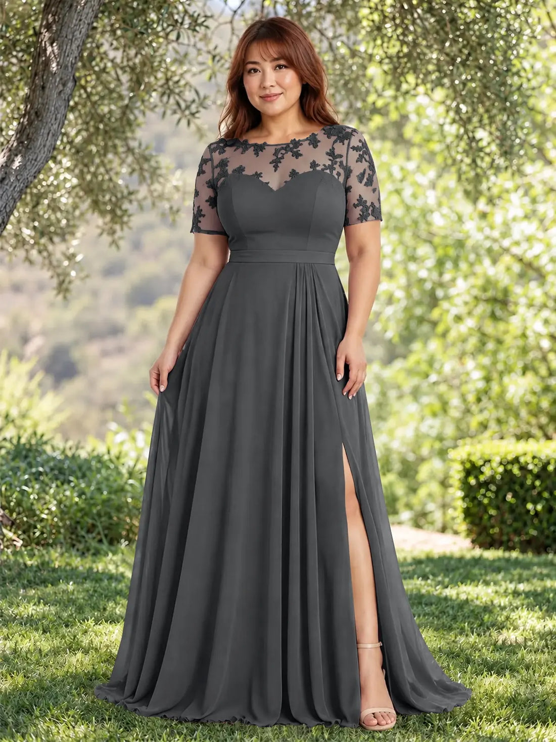 Lace Mother of the Bride Dress with Illusion Neckline-Plus Size 