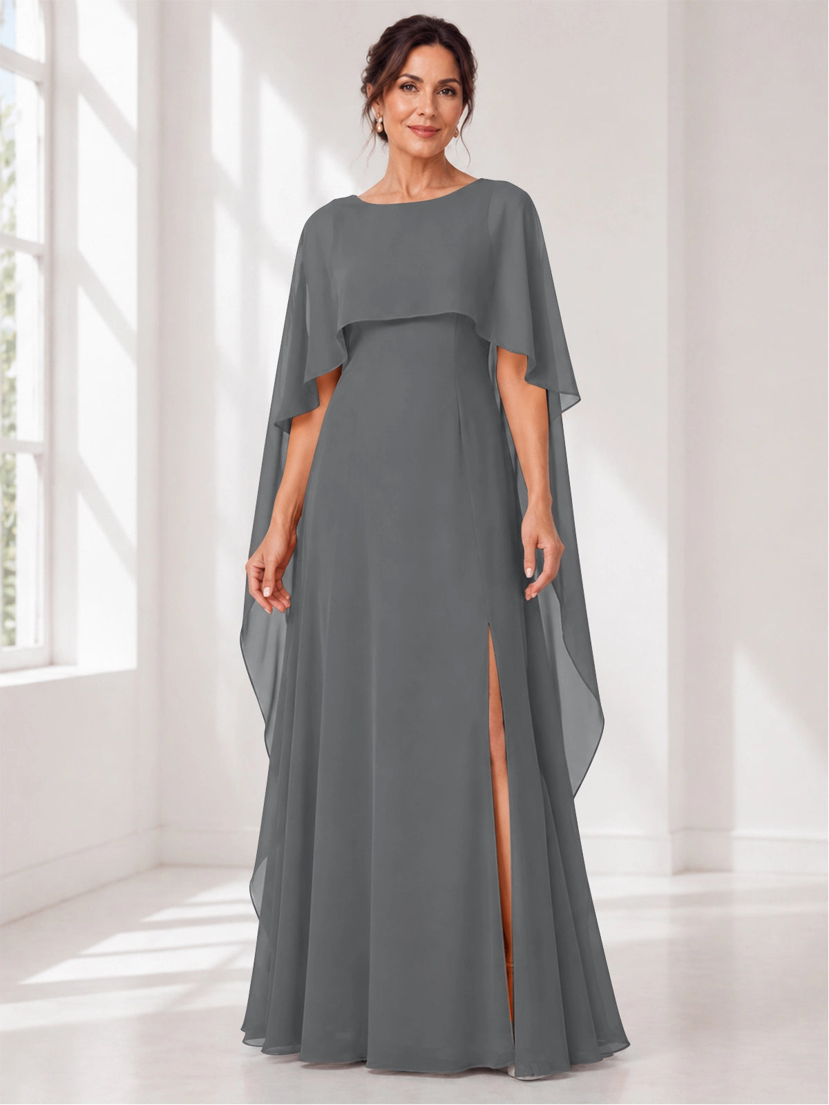 Chiffon Mother of the Bride Dress with Cape Overlay 