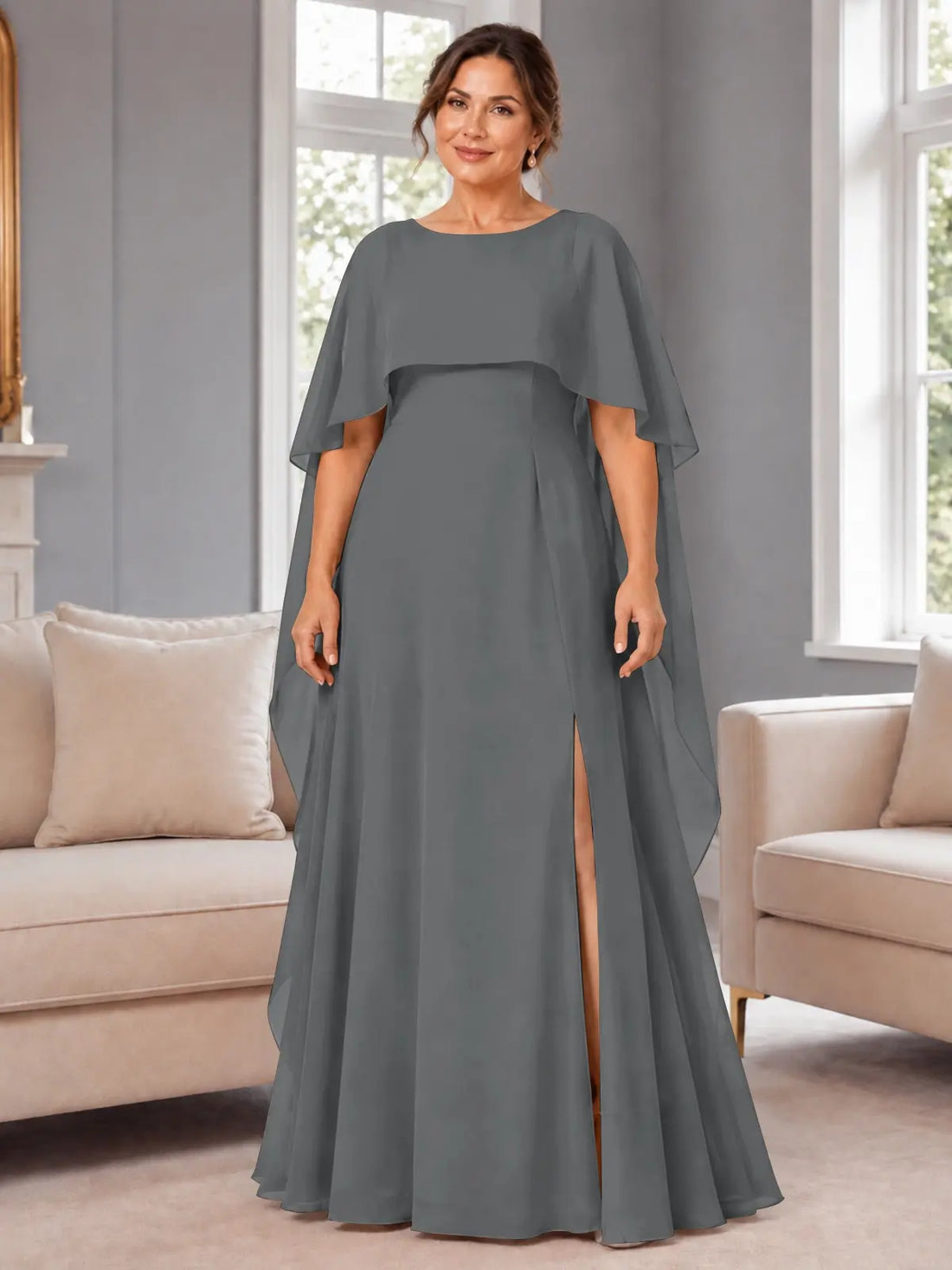 Chiffon Mother of the Bride Dress with Cape Overlay-Plus Size 