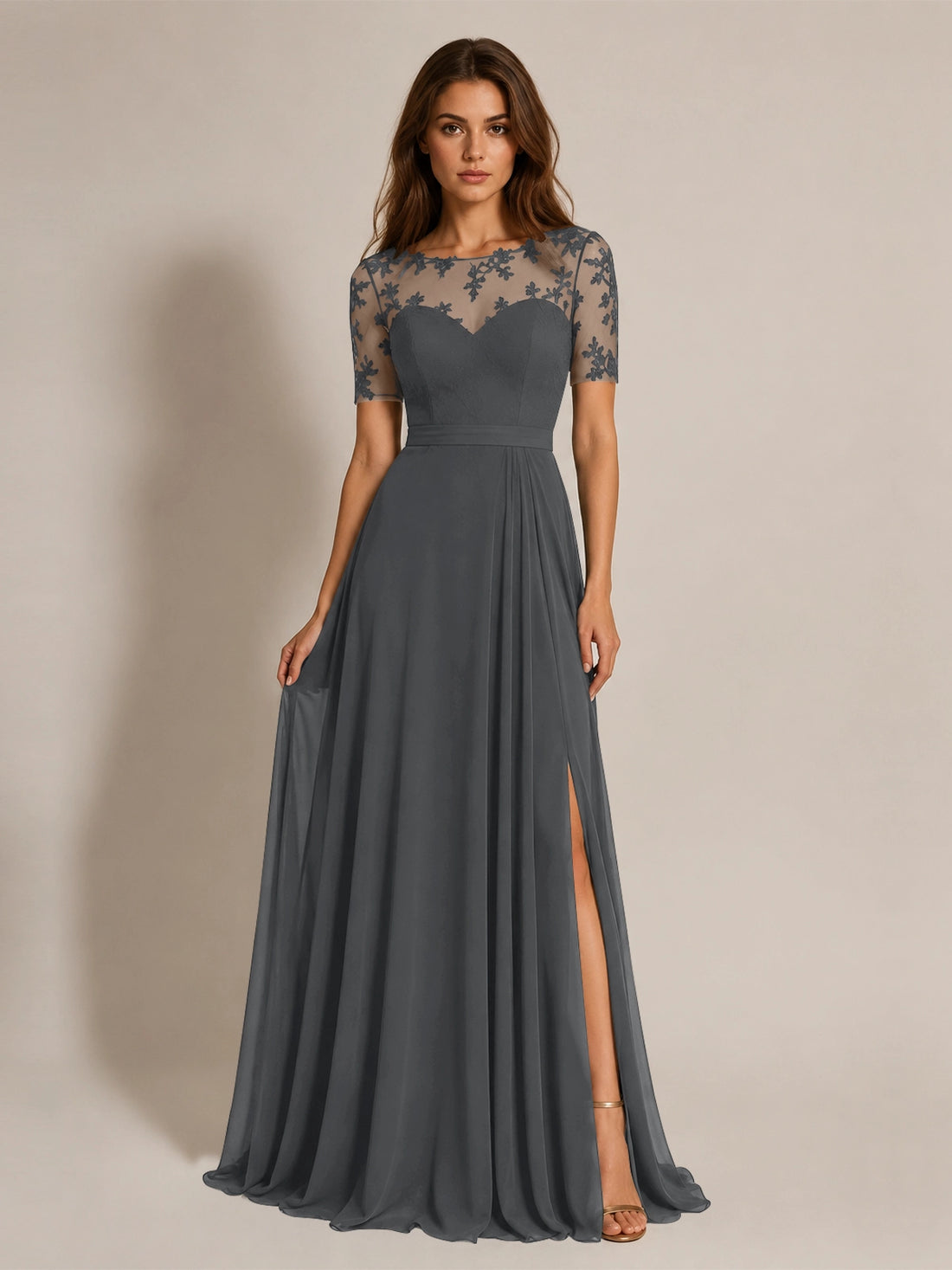 Lace Mother of the Bride Dress with Illusion Neckline 