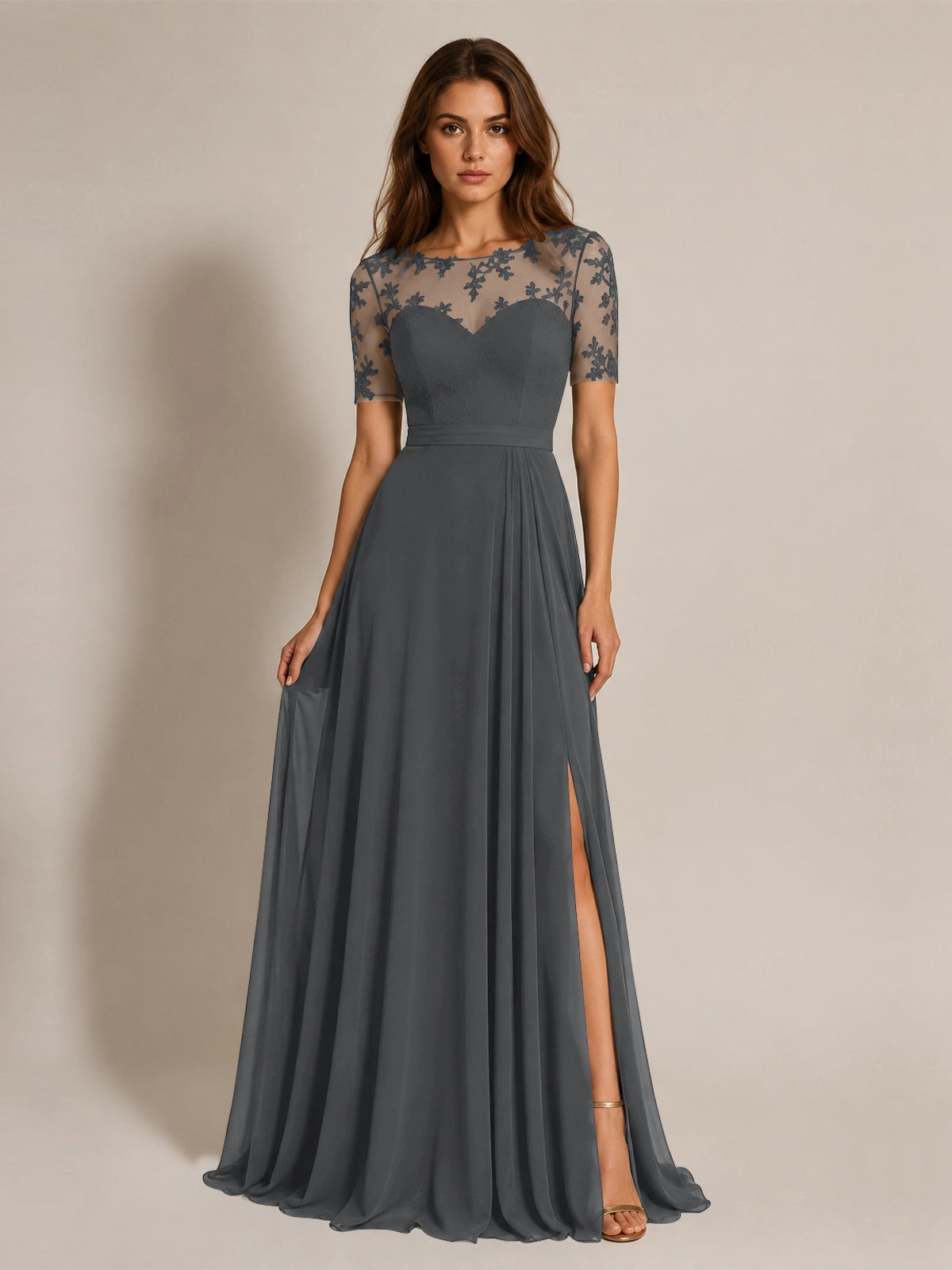 Lace Mother of the Bride Dress with Illusion Neckline 