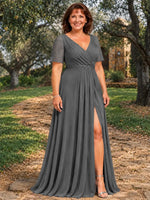 Surplice Neckline Mother of the Bride Dress with Slit-Plus Size 