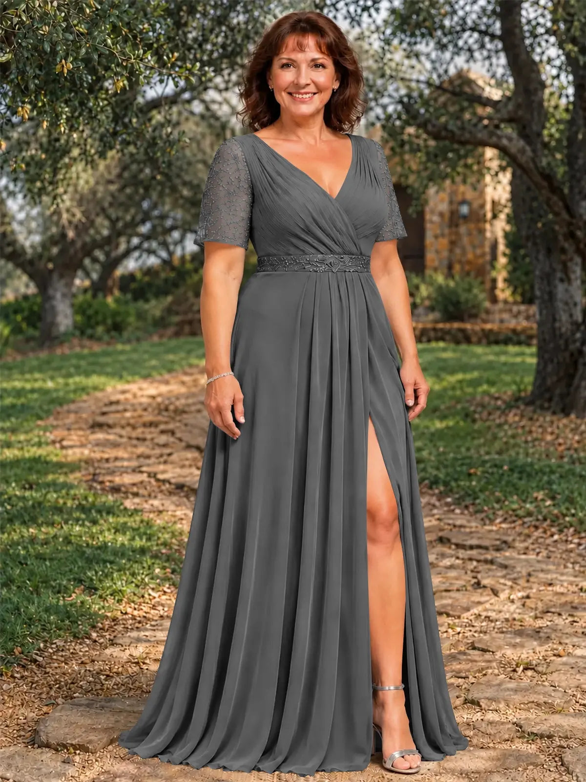 Surplice Neckline Mother of the Bride Dress with Slit-Plus Size 