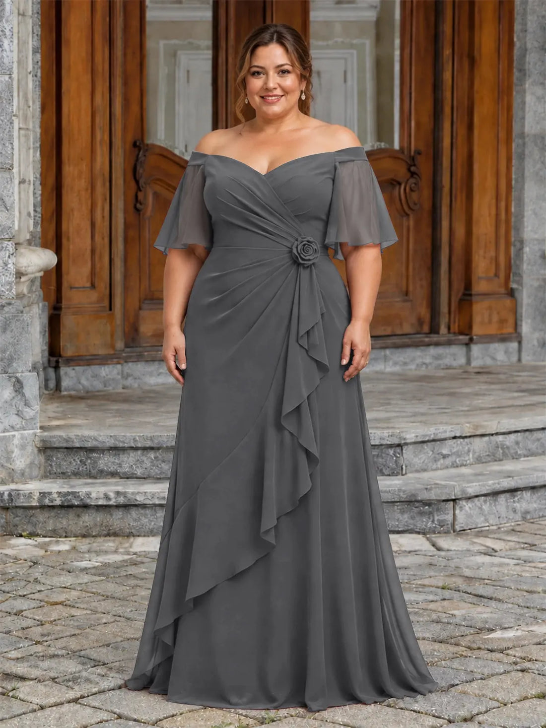 Chiffon Mother of the Bride Dress with 3D Rosette-Plus Size 