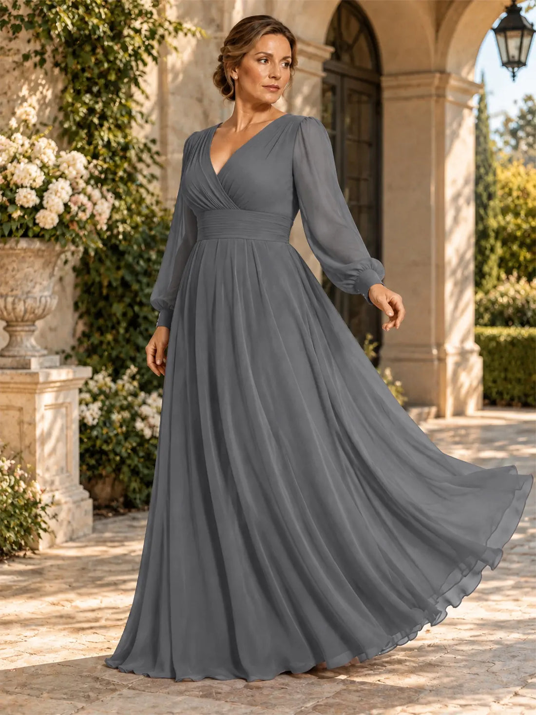 Chiffon Mother of the Bride Dress with Long Sleeves-Plus Size 