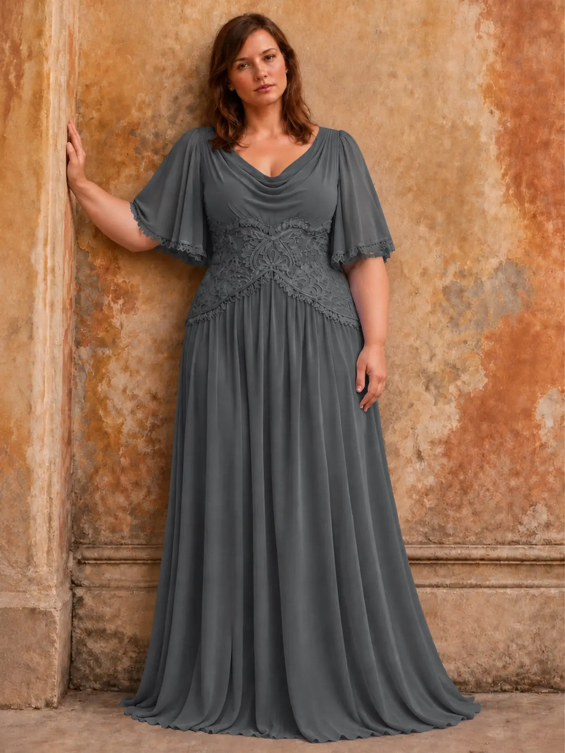 Cowl Neck Mother of the Bride Dress with Applique-Plus Size 
