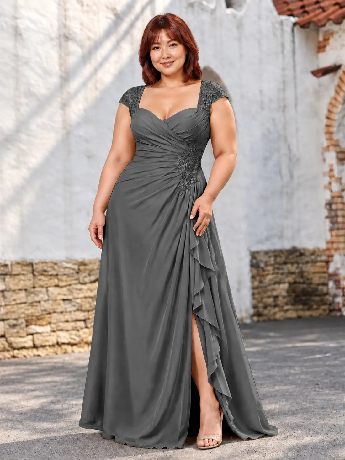 Chiffon Mother of the Bride Dress with Lace Appliques-Plus Size 