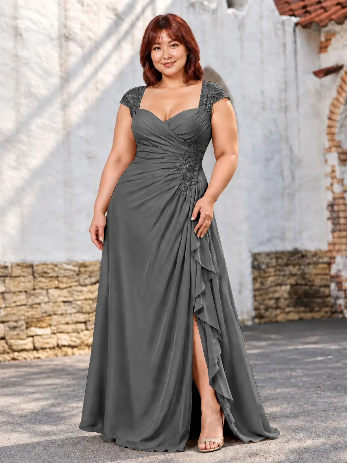Chiffon Mother of the Bride Dress with Lace Appliques-Plus Size 