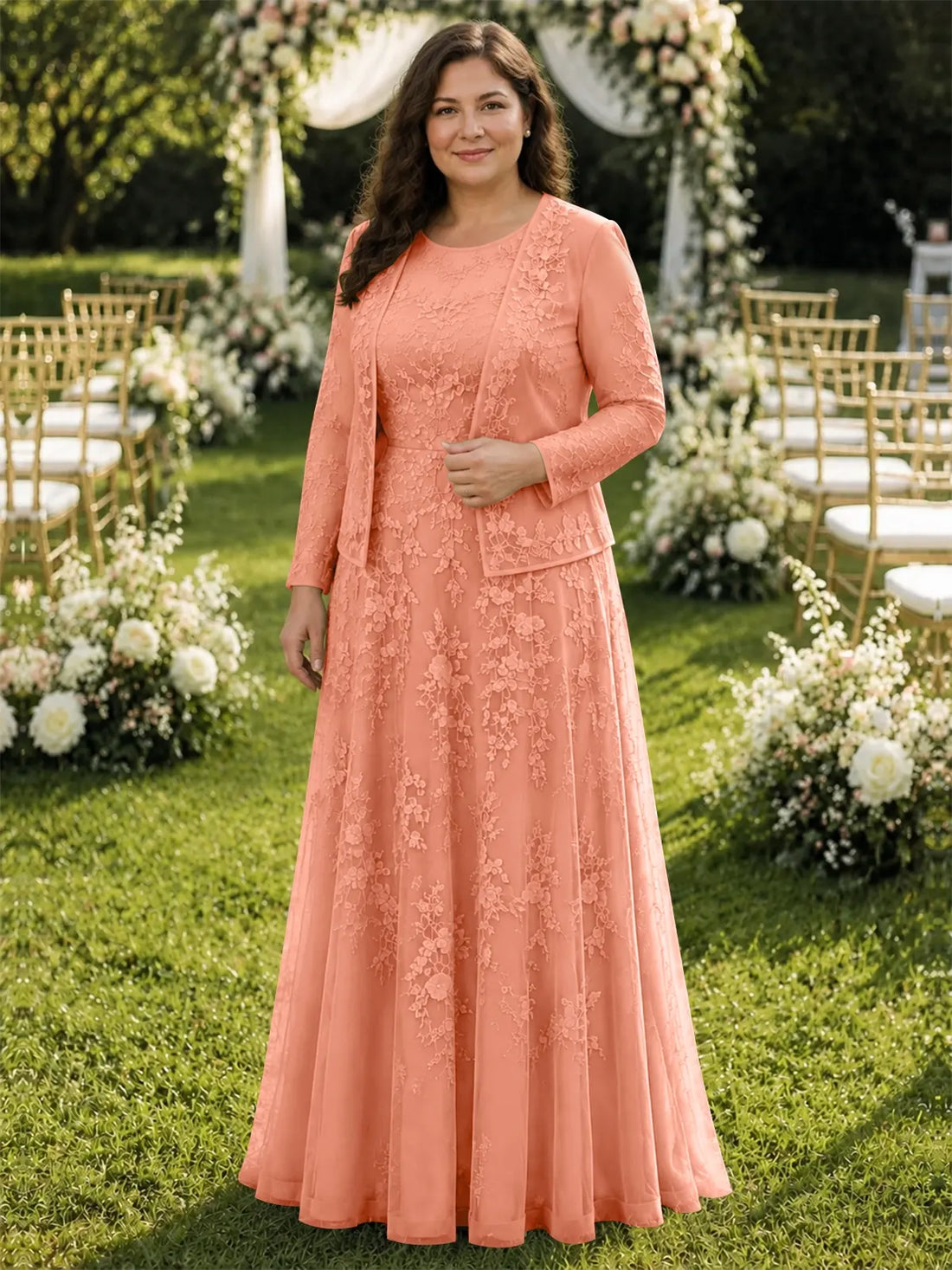 Two-Piece Lace Mother of the Bride Dress with Long Sleeves-Plus Size 