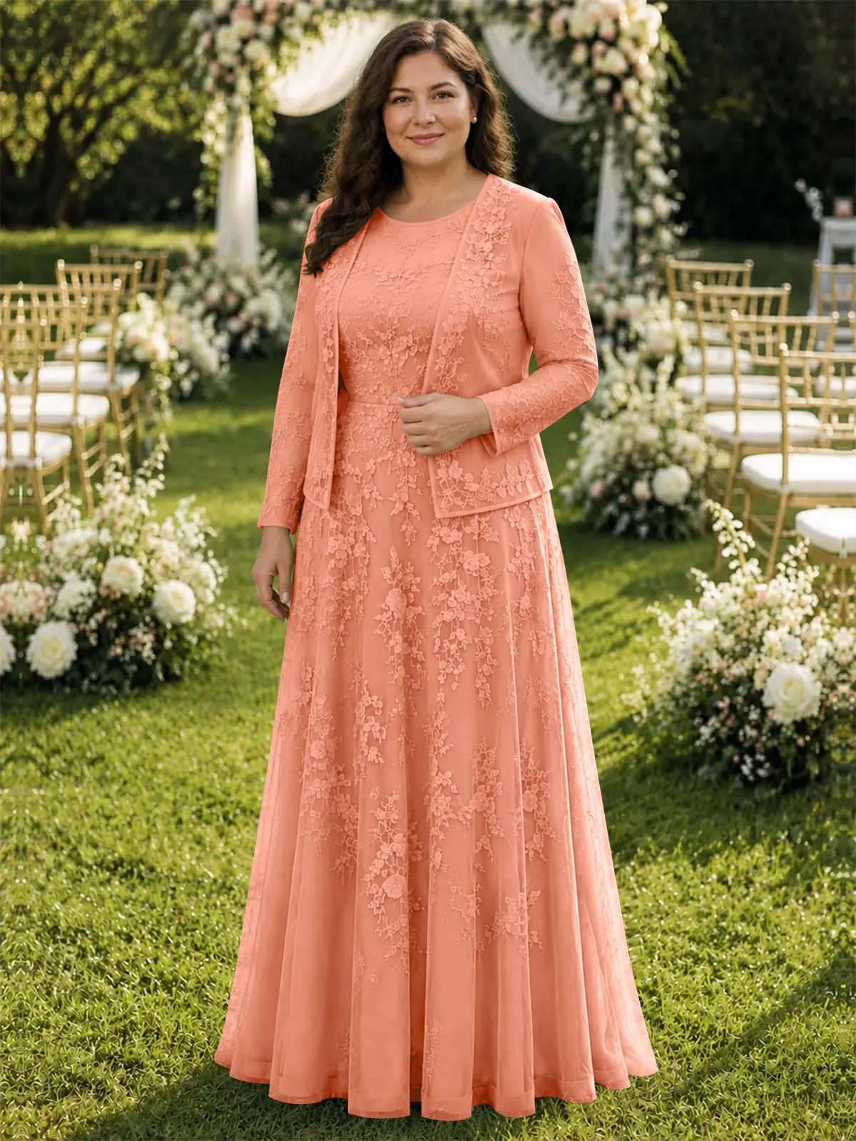 Two-Piece Lace Mother of the Bride Dress with Long Sleeves-Plus Size 