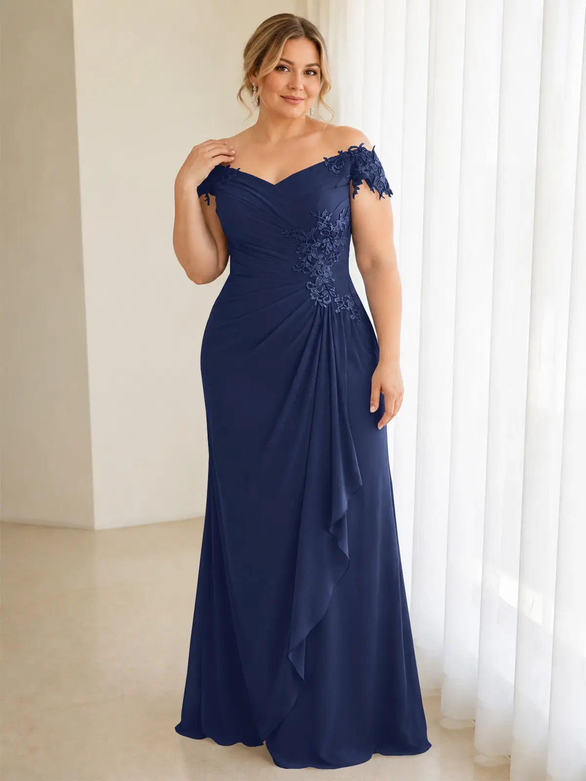 Off-Shoulder Chiffon Sheath Mother of the Bride Dress-Plus Size 