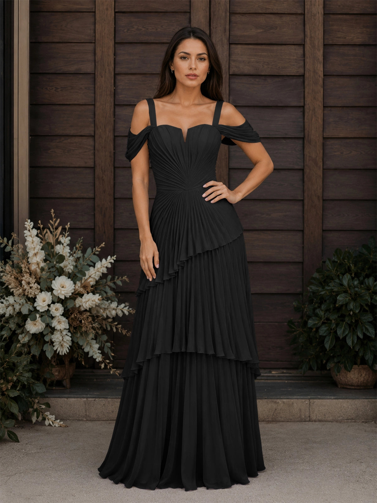 Chiffon Bridesmaid Dress with Cold-Shoulder 