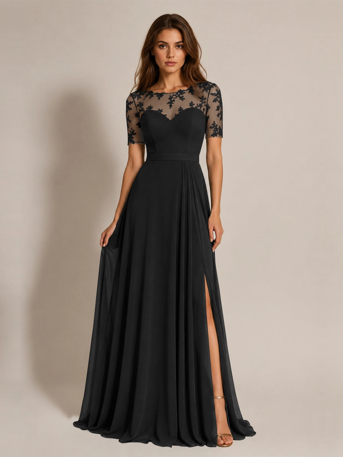 Lace Mother of the Bride Dress with Illusion Neckline 