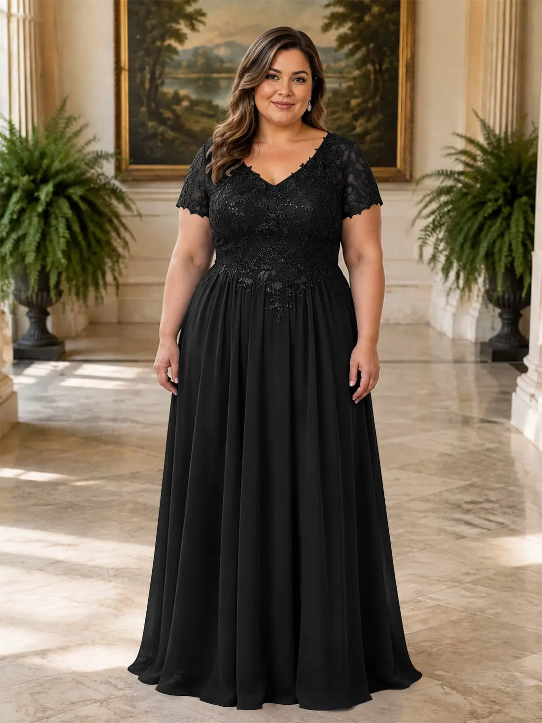 Short Sleeves Chiffon Dress-Plus Size 