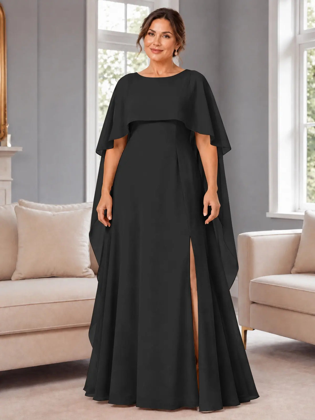 Chiffon Mother of the Bride Dress with Cape Overlay-Plus Size 