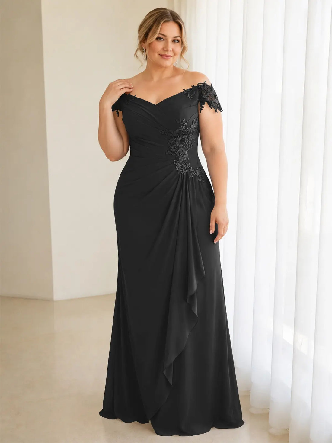 Off-Shoulder Chiffon Sheath Mother of the Bride Dress-Plus Size 