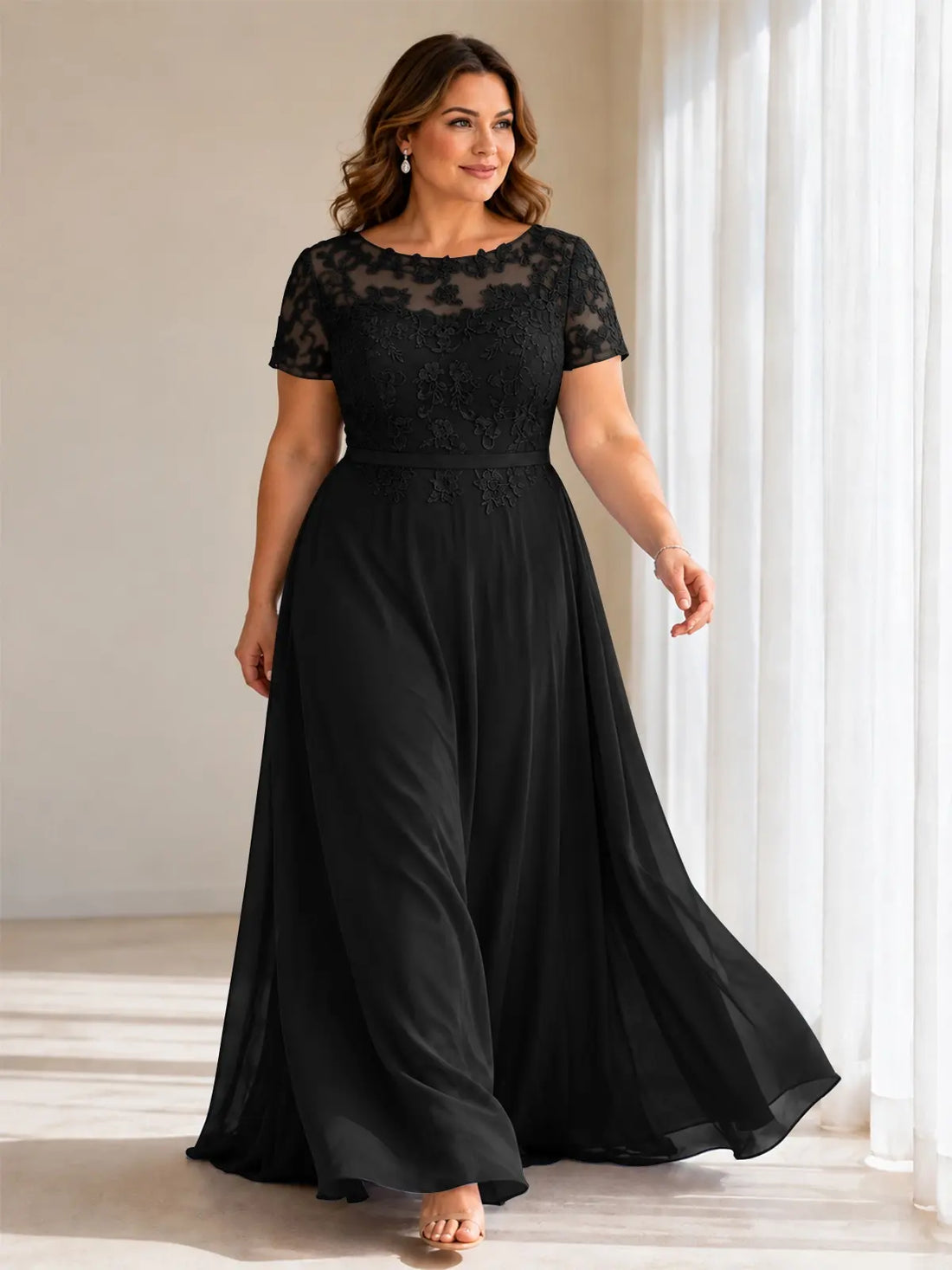 Illusion Applique Chiffon Dress-Plus Size 