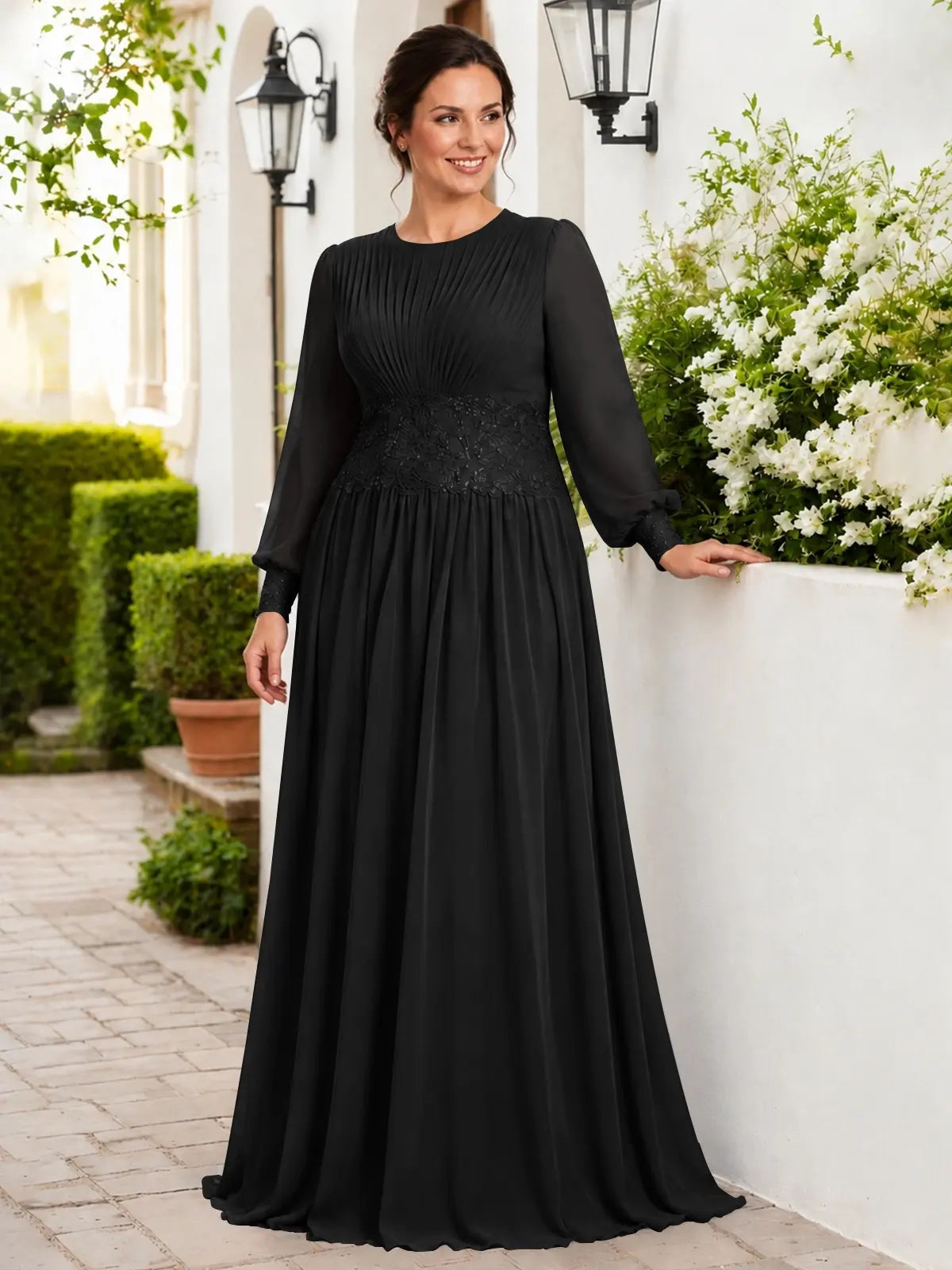 Chiffon Mother of the Bride Dress with Jewel Neckline-Plus Size 