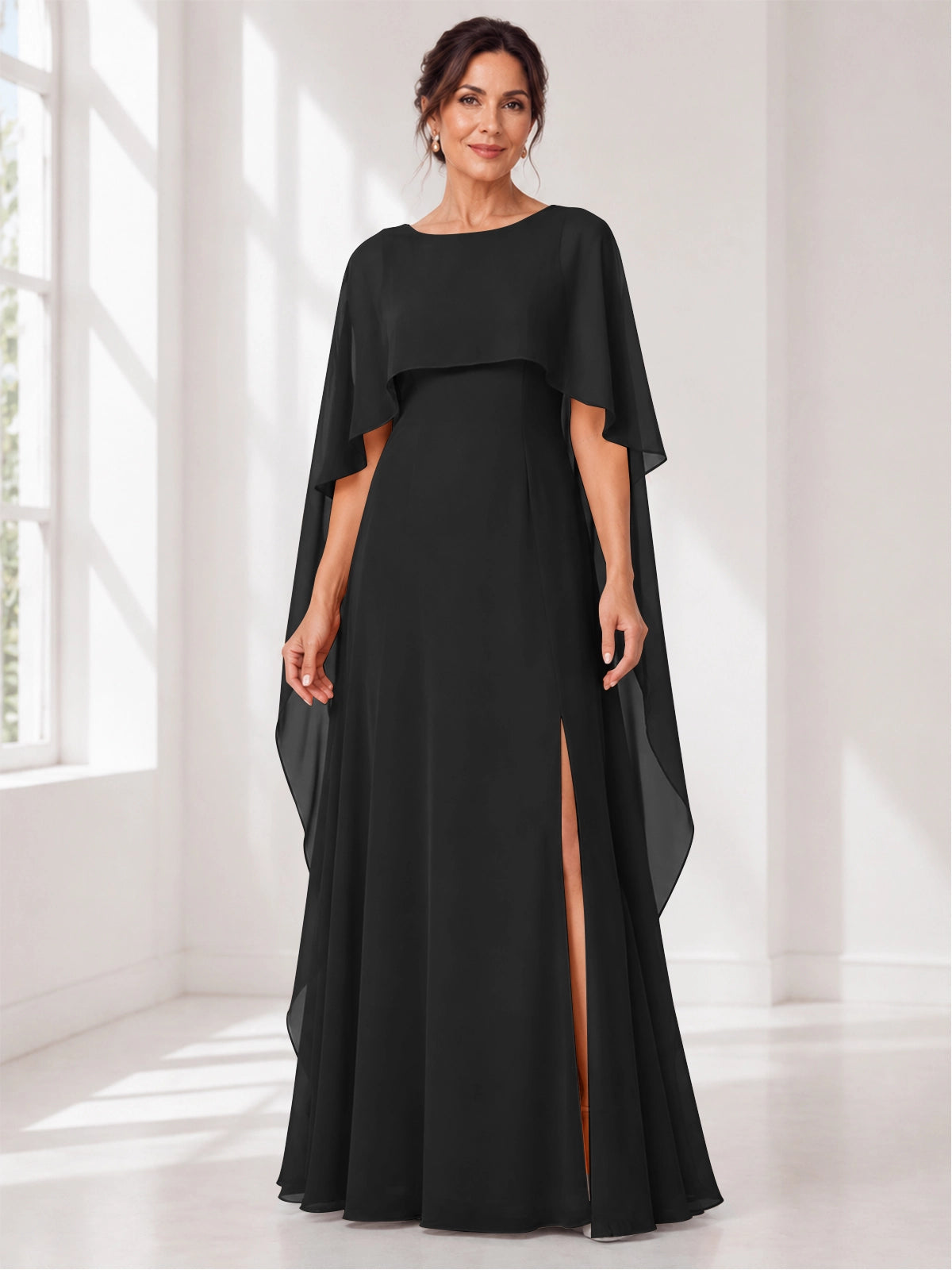 Chiffon Mother of the Bride Dress with Cape Overlay 