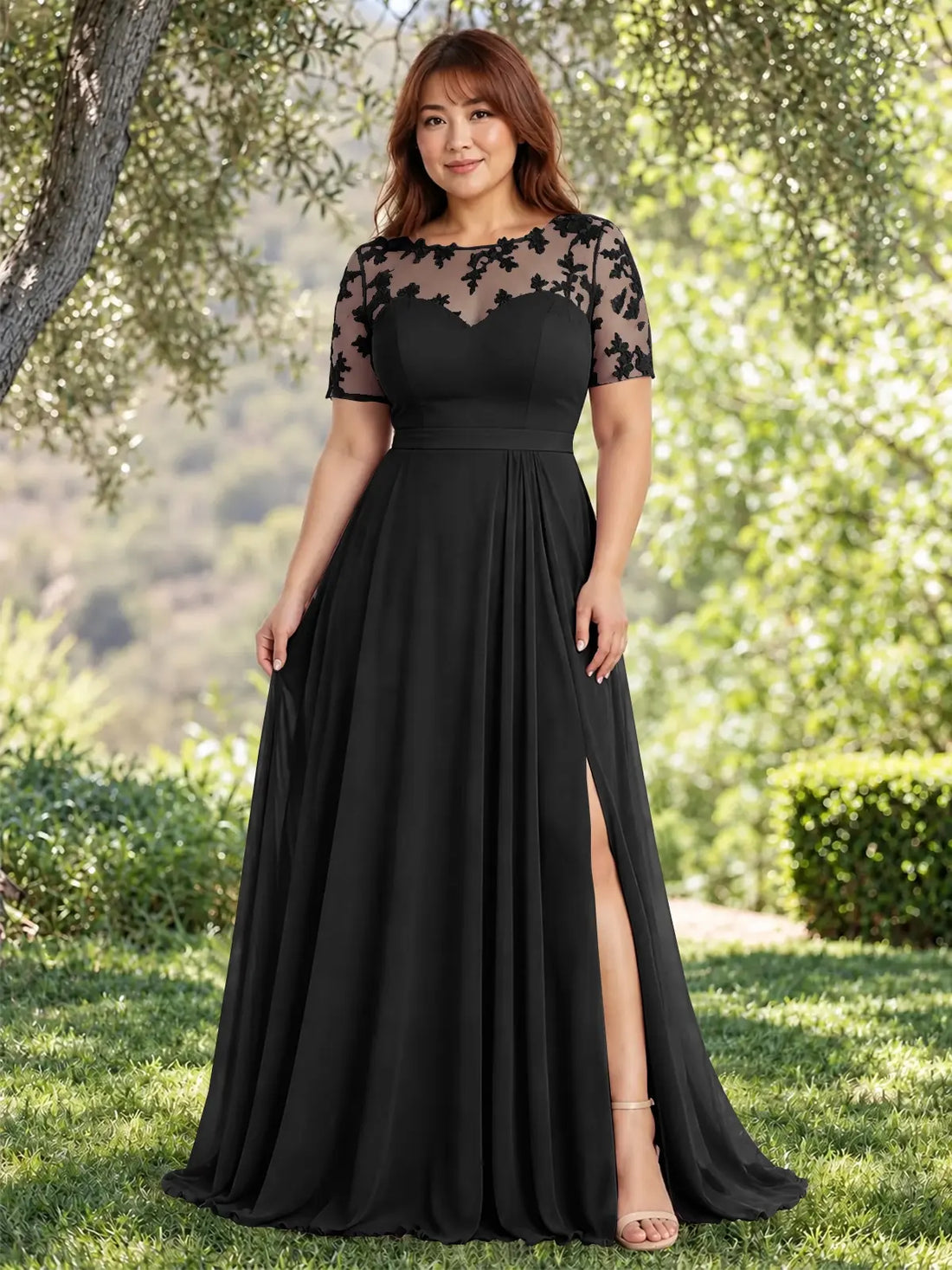 Lace Mother of the Bride Dress with Illusion Neckline-Plus Size 