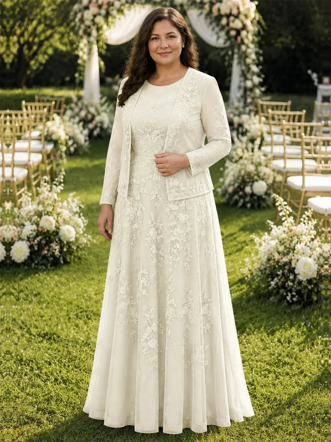 Two-Piece Lace Mother of the Bride Dress with Long Sleeves-Plus Size 